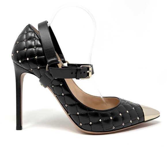 Valentino Garavani Studded Pumps 40.5 Quilted Leather Gold Toe Stiletto - Picture 3 of 10